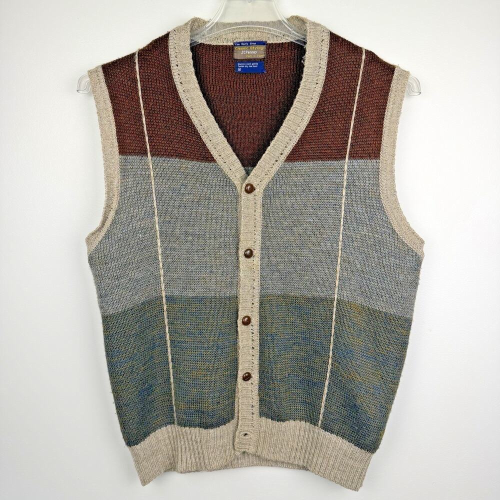 Vintage 70s JC Penny Cardigan Sweater Vest Mens XL Gray Burgundy Colorblocked